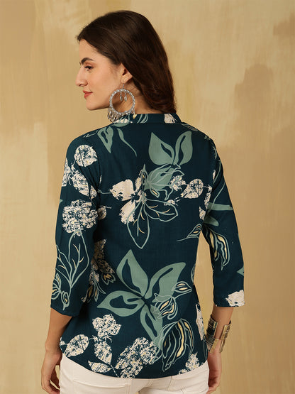 Printed Viscose Rayon Three-Quarter Sleeves Top