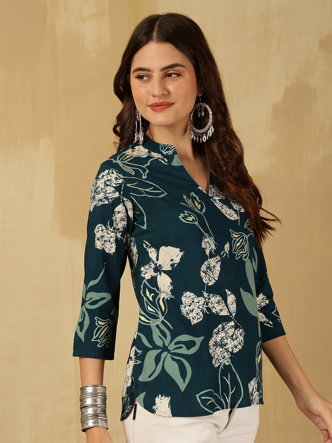 Printed Viscose Rayon Three-Quarter Sleeves Top