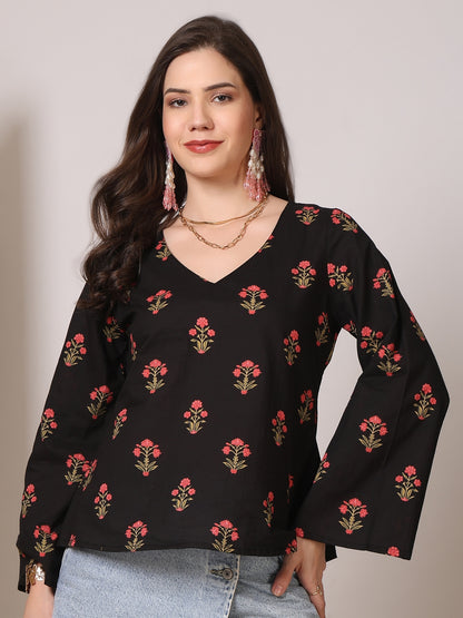 Printed Cotton Long Sleeves Top