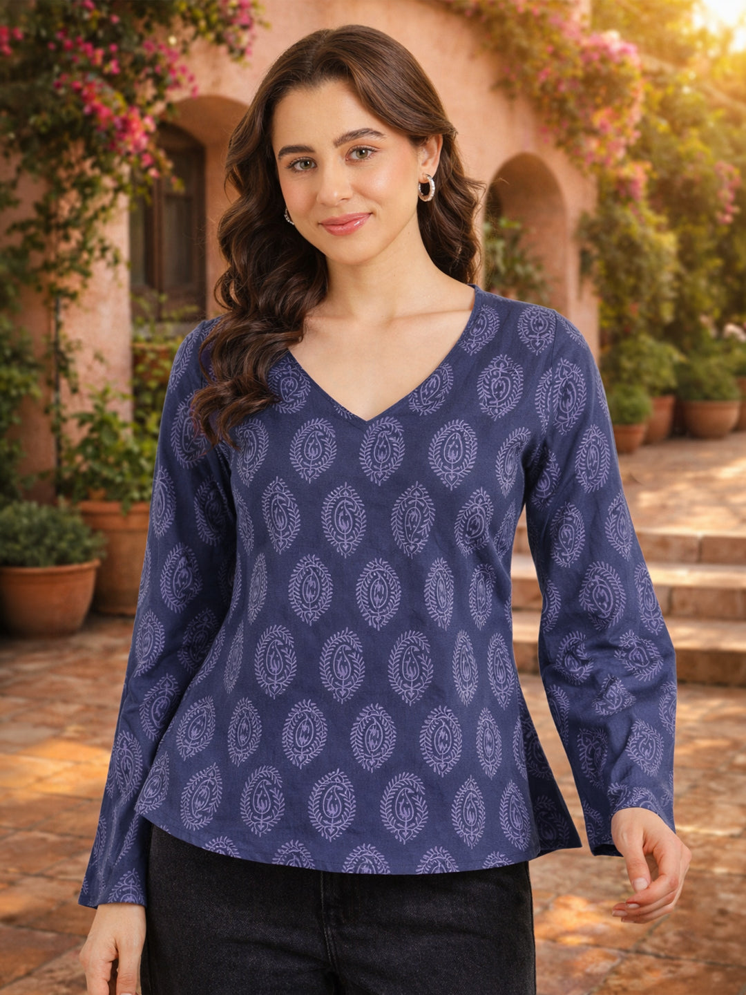 Printed Cotton Long Sleeves Top