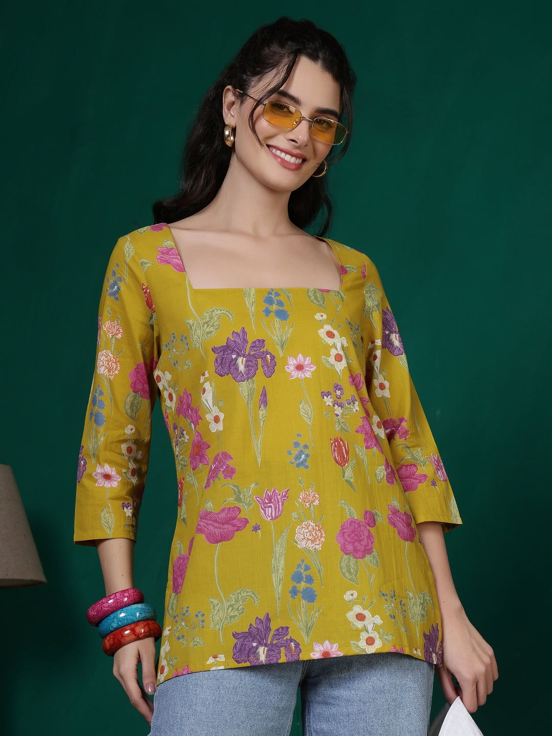 Printed Cotton Three-Quarter Sleeves Top
