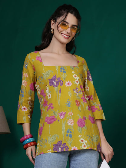 Printed Cotton Three-Quarter Sleeves Top