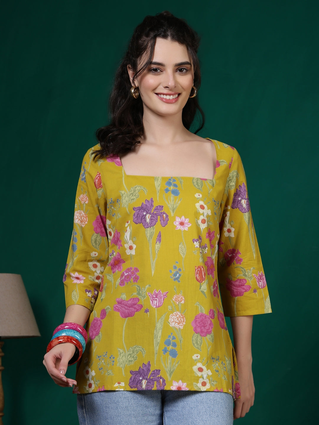 Printed Cotton Three-Quarter Sleeves Top
