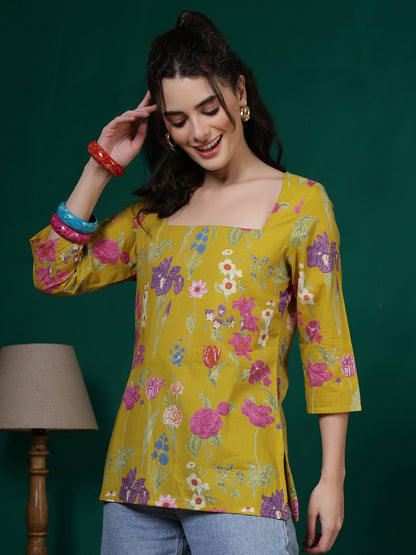 Printed Cotton Three-Quarter Sleeves Top