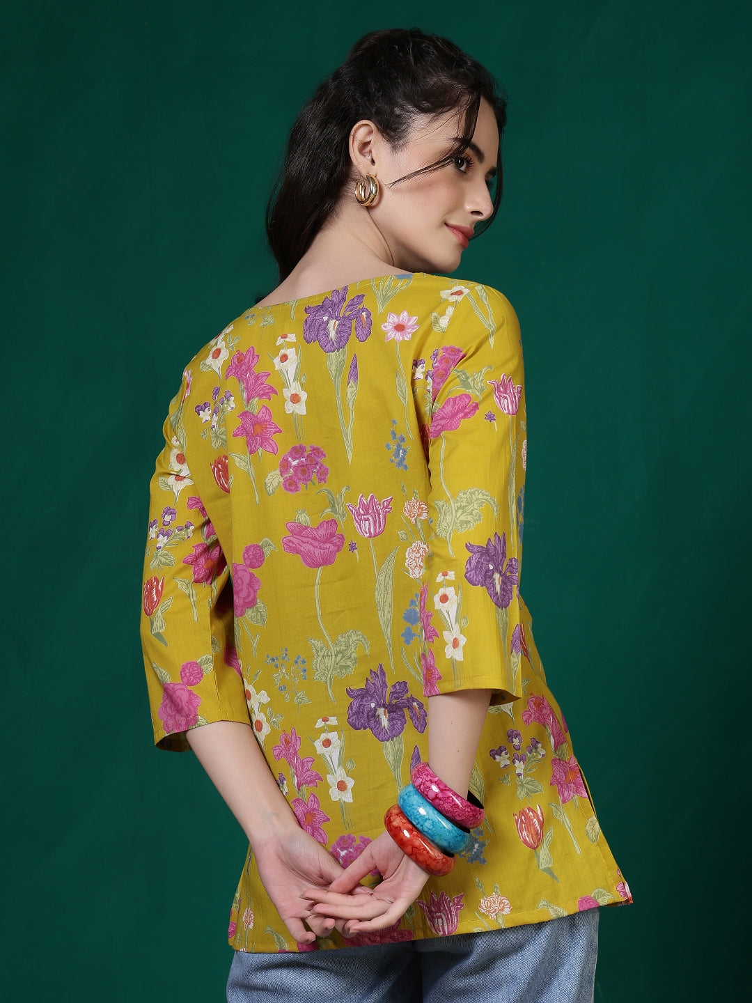 Printed Cotton Three-Quarter Sleeves Top