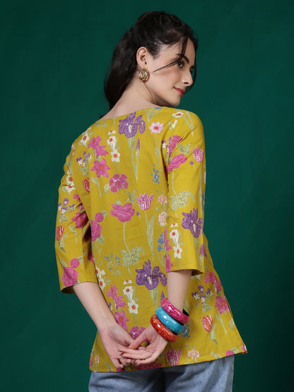 Printed Cotton Three-Quarter Sleeves Top