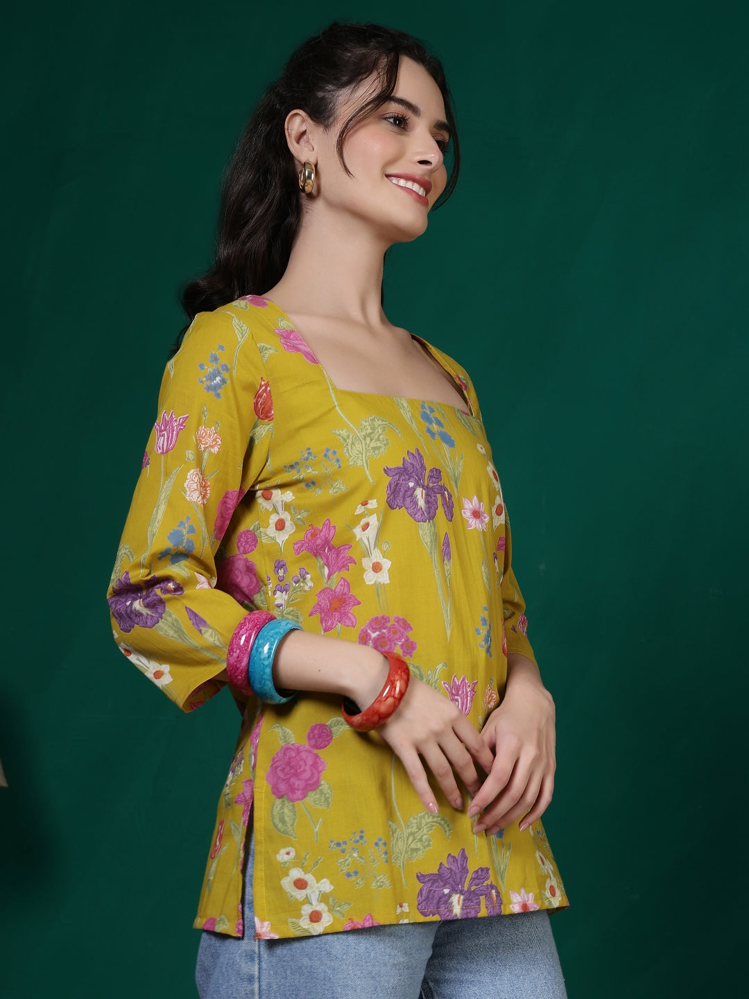 Printed Cotton Three-Quarter Sleeves Top