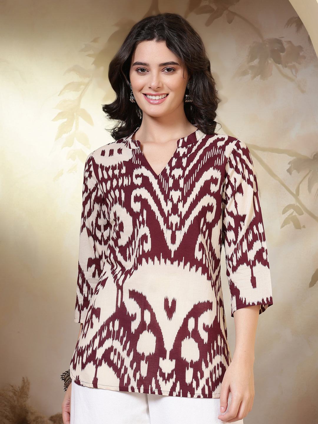 Printed Cotton Three-Quarter Sleeves Top