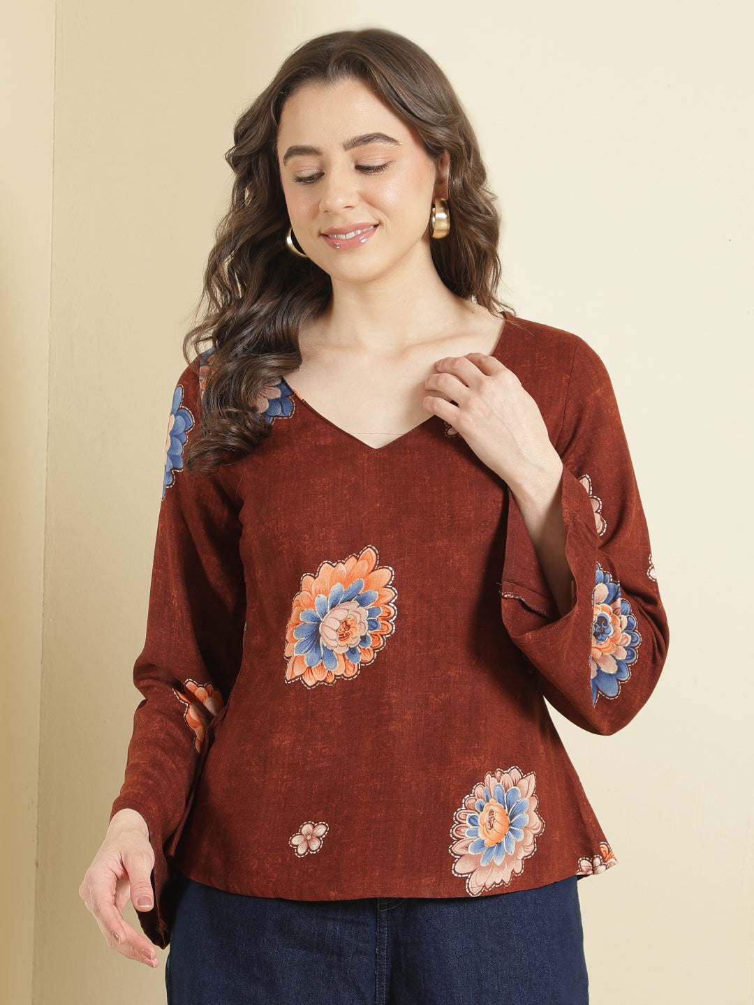 Printed Viscose Rayon Long Sleeves Top