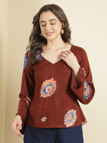 Printed Viscose Rayon Long Sleeves Top