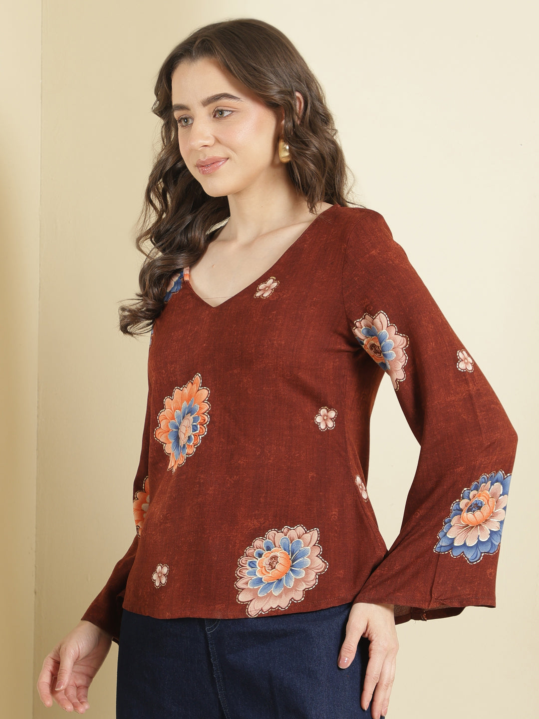 Printed Viscose Rayon Long Sleeves Top