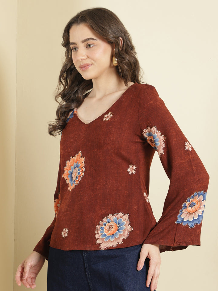Printed Viscose Rayon Long Sleeves Top