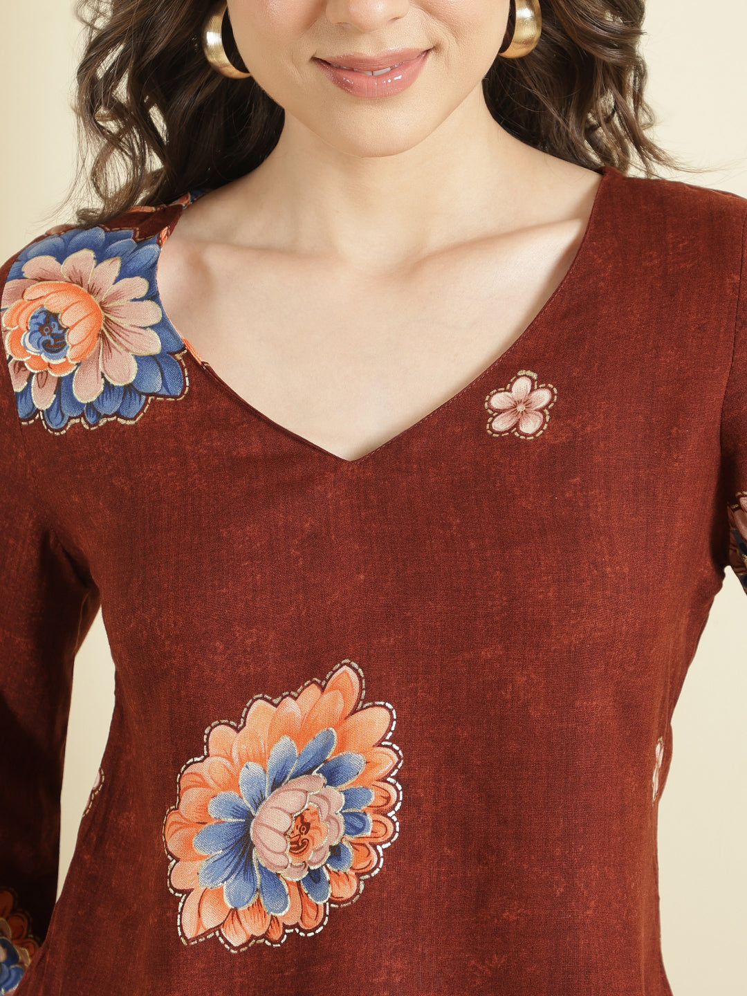 Printed Viscose Rayon Long Sleeves Top