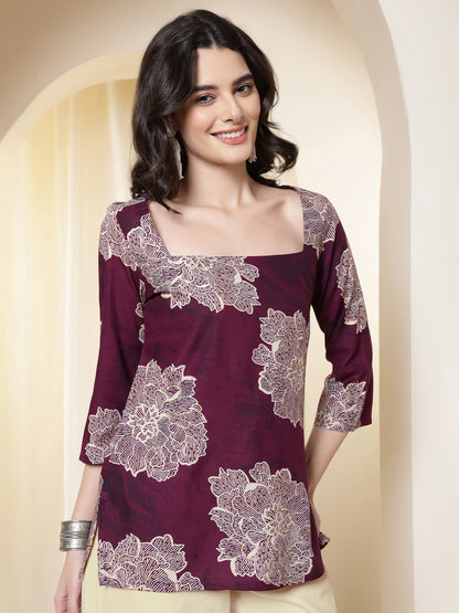 Printed Viscose Rayon Three-Quarter Sleeves Top