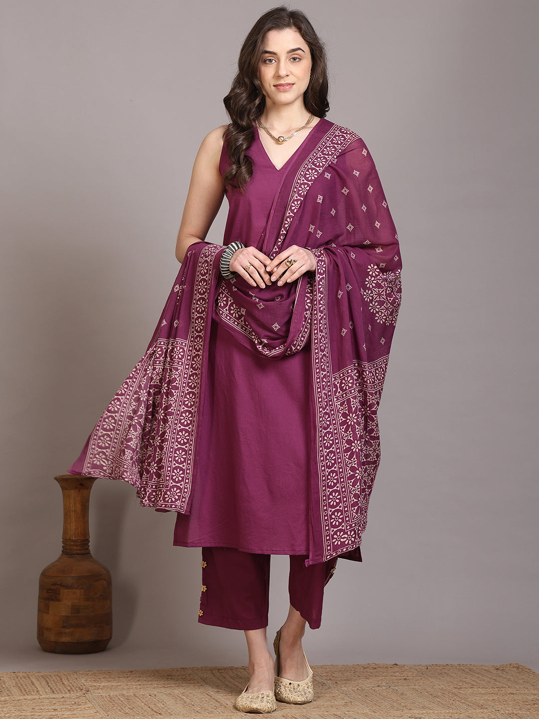 Dyed Pure Cotton Straight Kurta Set With Dupatta