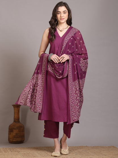 Dyed Pure Cotton Straight Kurta Set With Dupatta