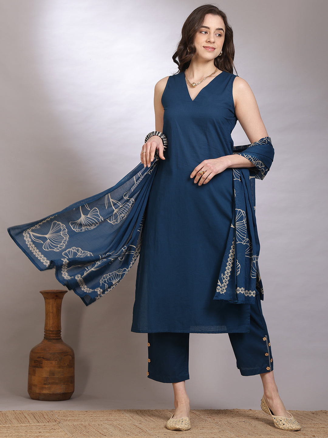 Dyed Pure Cotton Straight Kurta Set With Dupatta