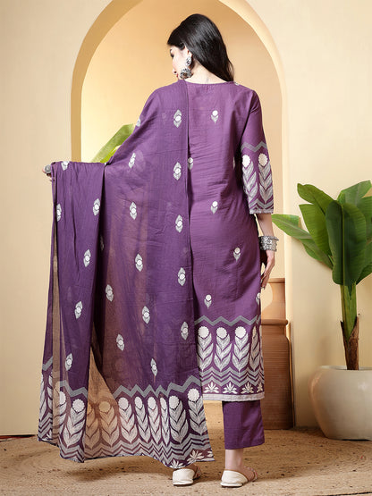 Printed Pure Cotton Straight Kurta Set With Dupatta
