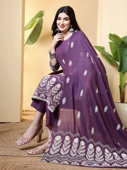Printed Pure Cotton Straight Kurta Set With Dupatta