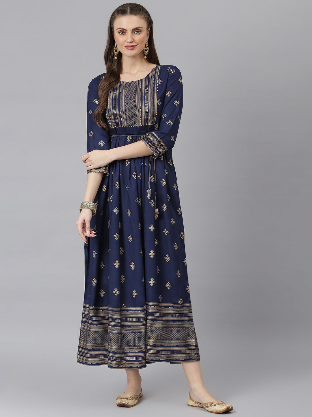 Women Gold Printed Rayon Flared Kurta (Pre-Order)