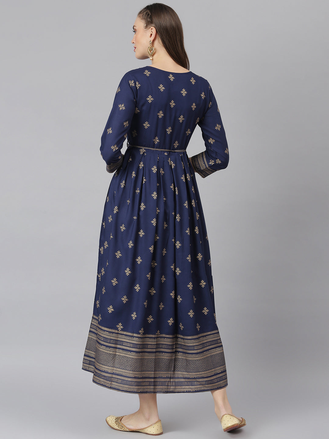 Women Gold Printed Rayon Flared Kurta (Pre-Order)