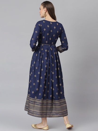 Women Gold Printed Rayon Flared Kurta (Pre-Order)