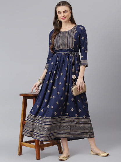 Women Gold Printed Rayon Flared Kurta (Pre-Order)