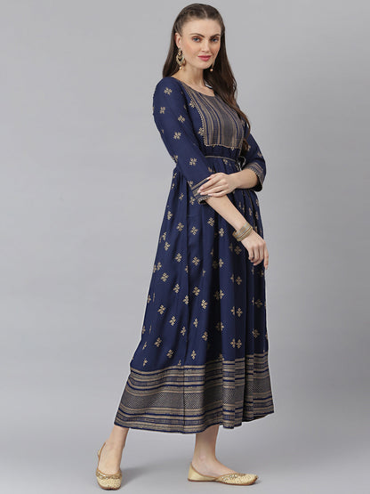 Women Gold Printed Rayon Flared Kurta (Pre-Order)