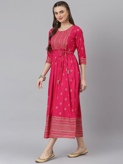 Women Gold Printed Rayon Flared Kurta (Pre-Order)