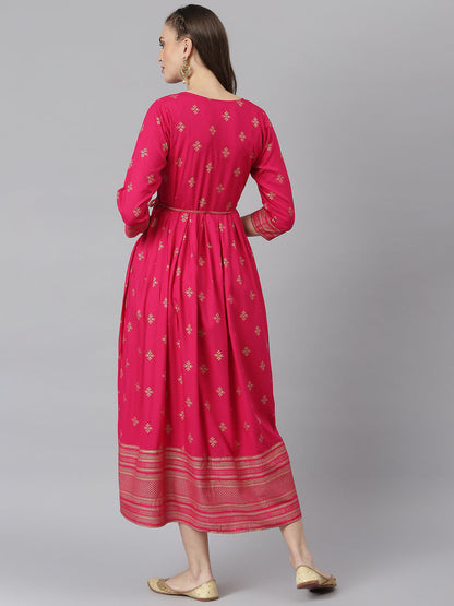 Women Gold Printed Rayon Flared Kurta (Pre-Order)