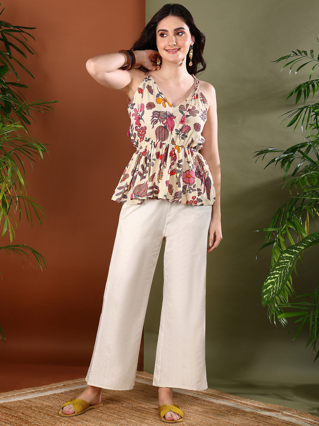 Beige Floral Printed Rayon Short Peplum Top