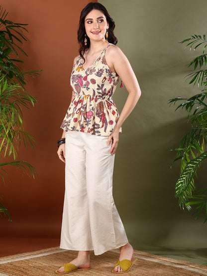 Beige Floral Printed Rayon Short Peplum Top
