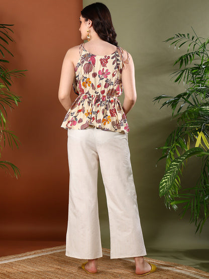 Beige Floral Printed Rayon Short Peplum Top