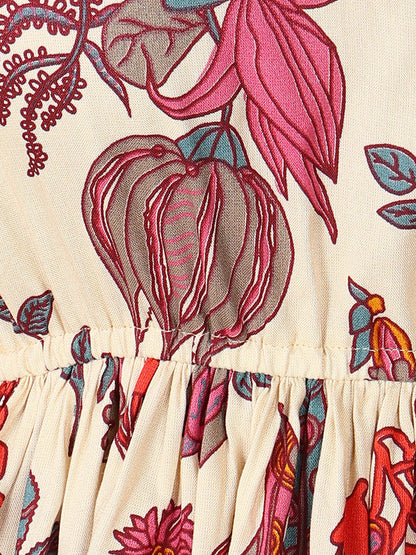 Beige Floral Printed Rayon Short Peplum Top