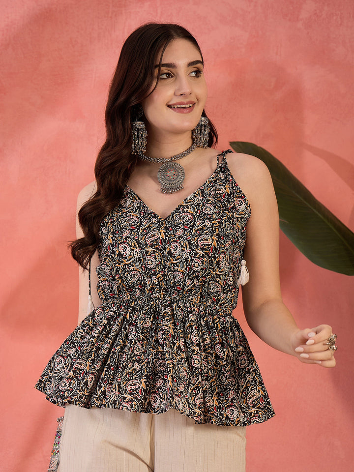 Floral Printed Cotton Short Peplum Top
