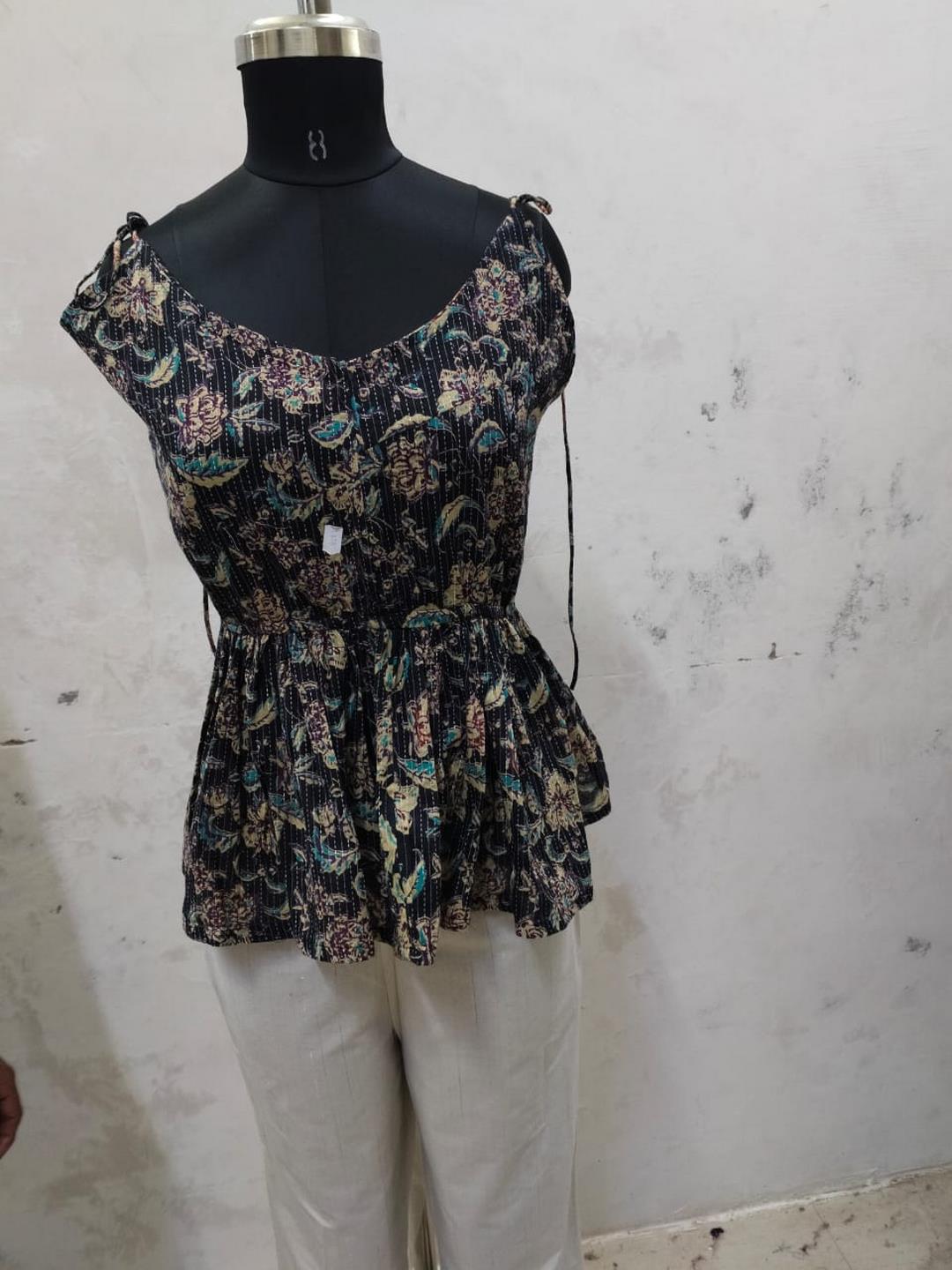 Black Printed Cotton Short Peplum Top (Pre-Order)