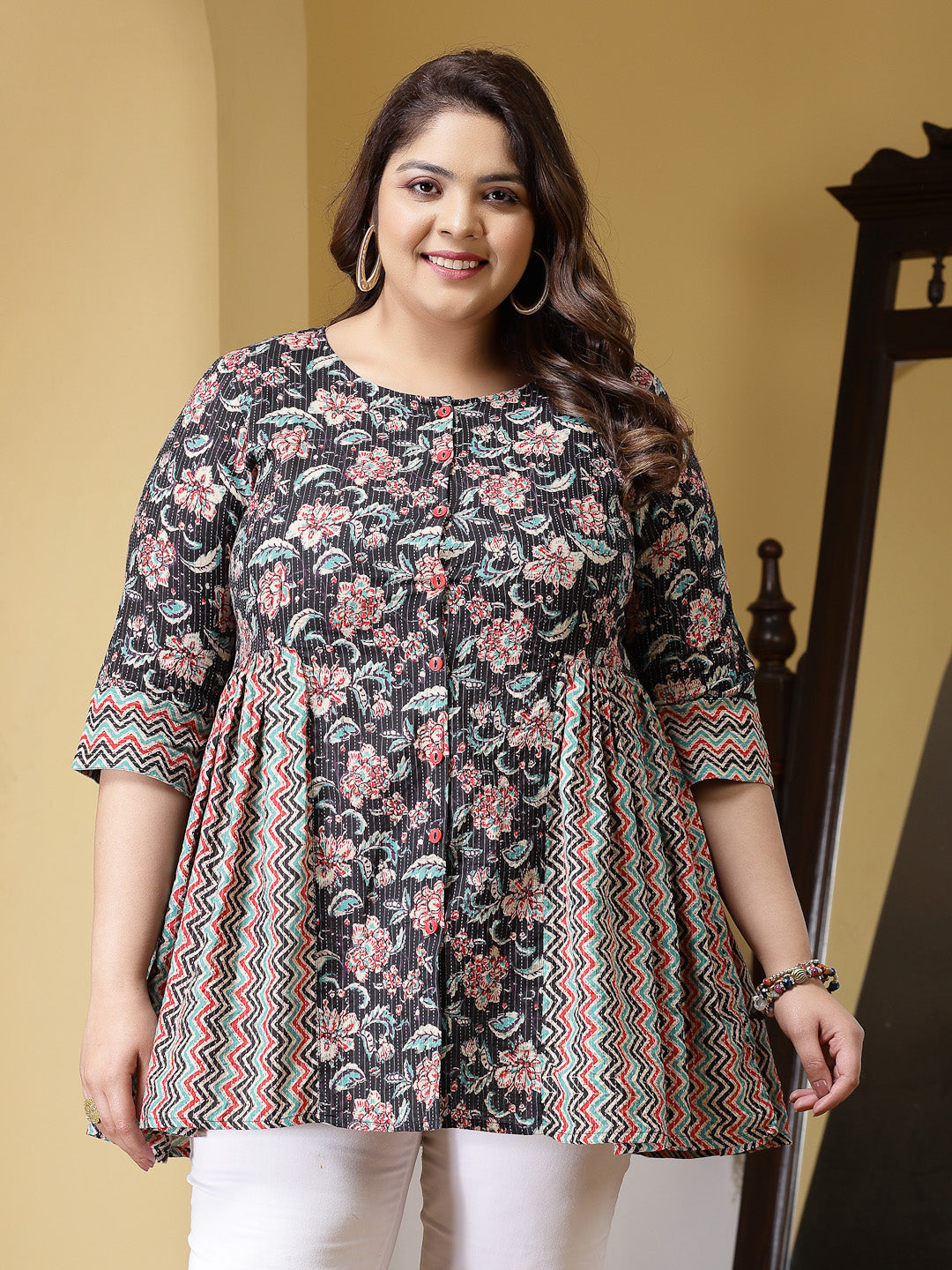 Plus Size Floral Printed Cotton Peplum Top (Pre-Order)