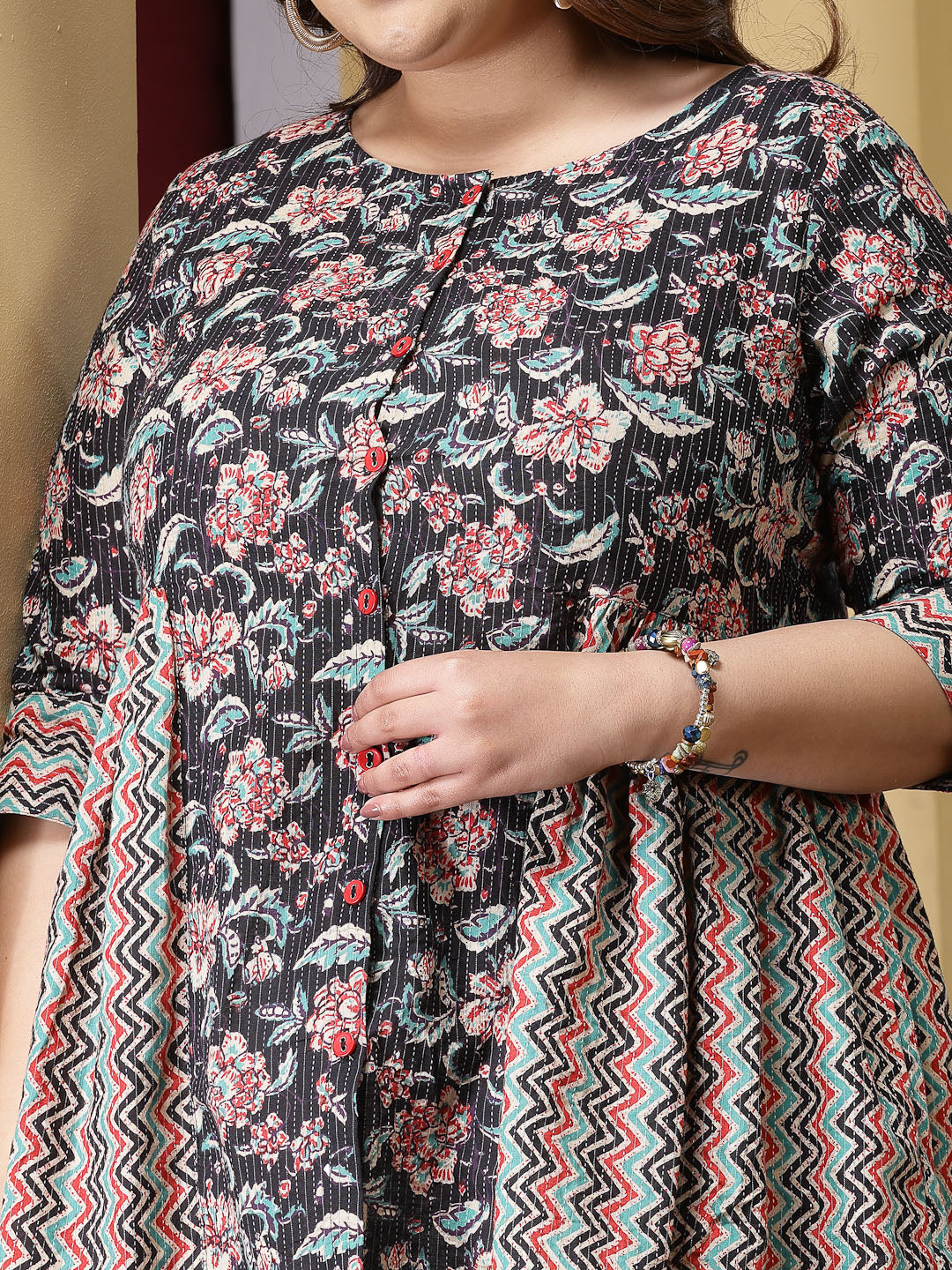 Plus Size Floral Printed Cotton Peplum Top