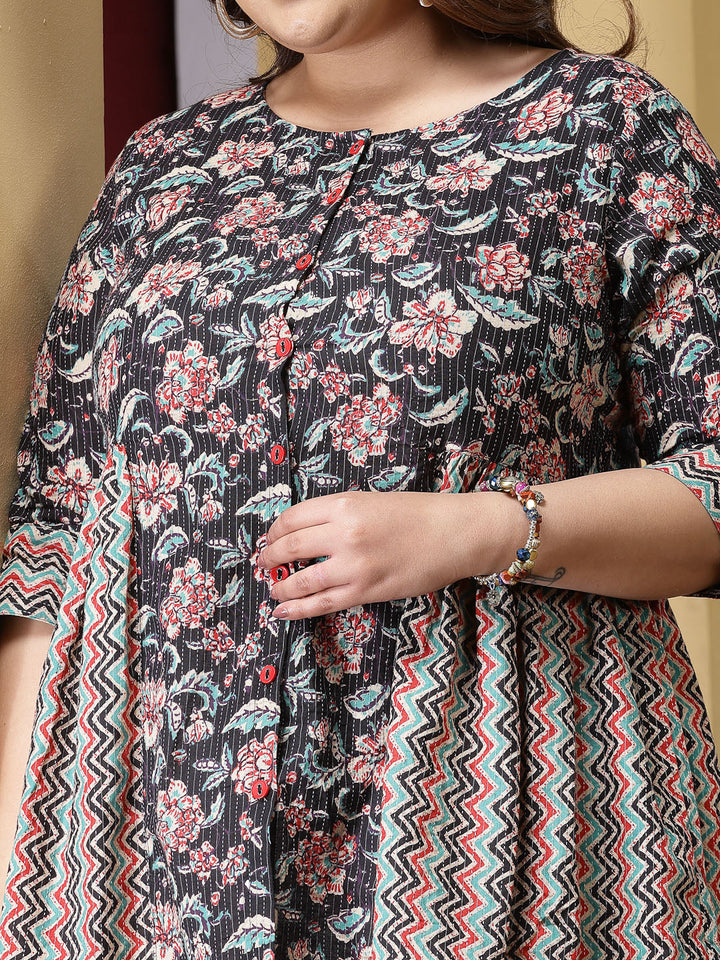 Plus Size Floral Printed Cotton Peplum Top