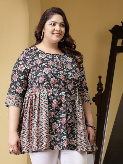 Plus Size Floral Printed Cotton Peplum Top (Pre-Order)
