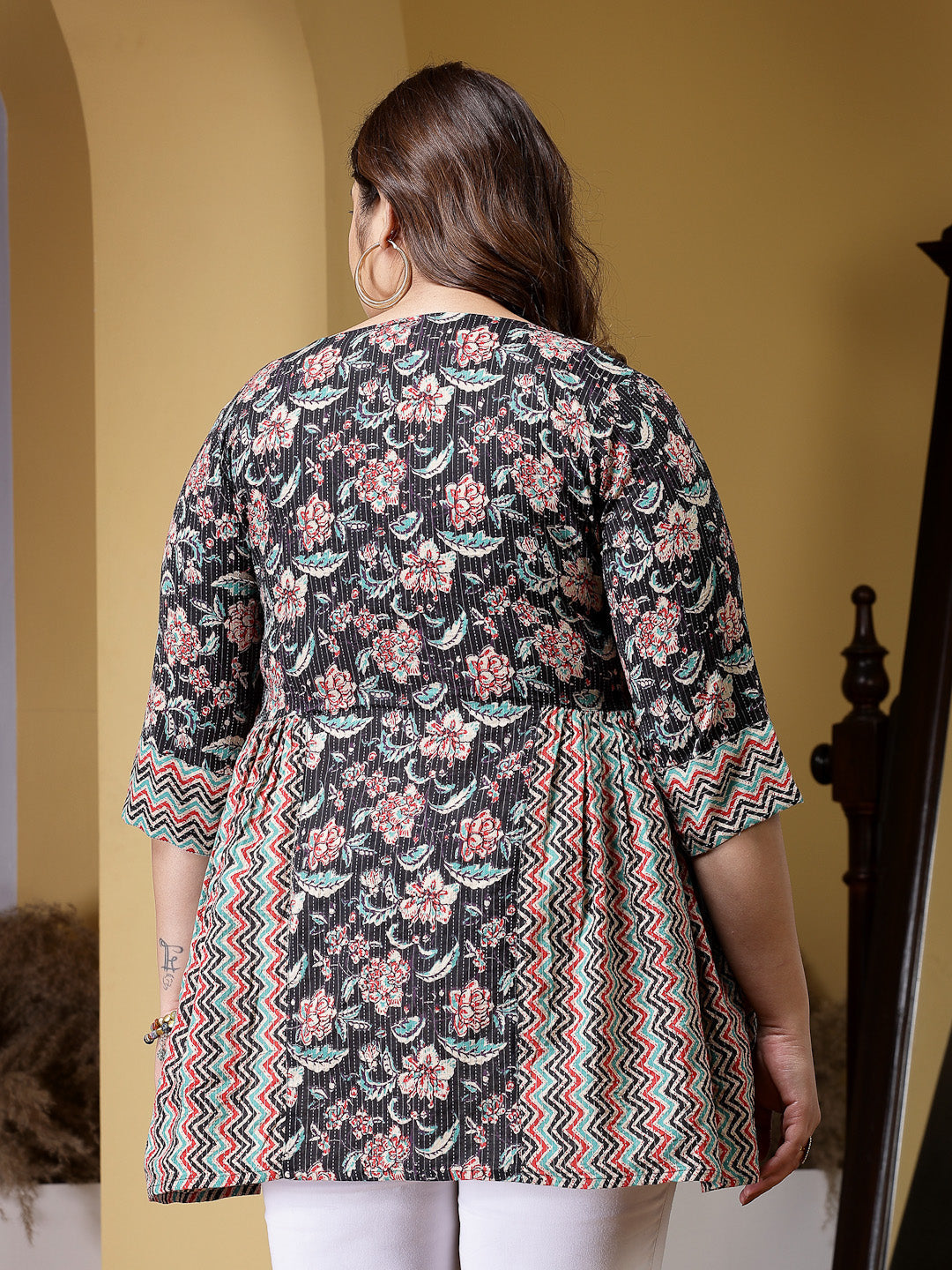 Plus Size Floral Printed Cotton Peplum Top