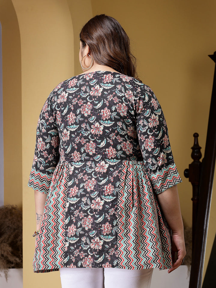 Plus Size Floral Printed Cotton Peplum Top