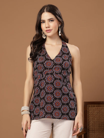 Women's Black Block Printed Cotton Straight Top