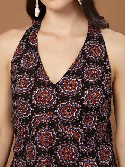 Women's Black Block Printed Cotton Straight Top
