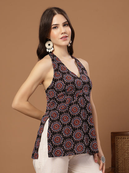 Women's Black Block Printed Cotton Straight Top
