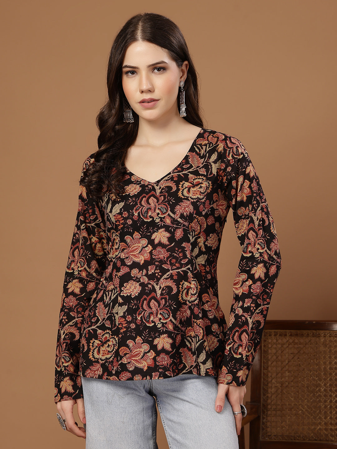 Women's Black Floral Printed Cotton Straight Top