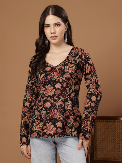 Women's Black Floral Printed Cotton Straight Top