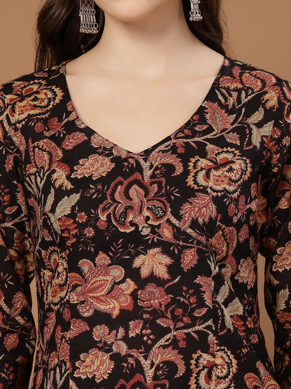 Women's Black Floral Printed Cotton Straight Top