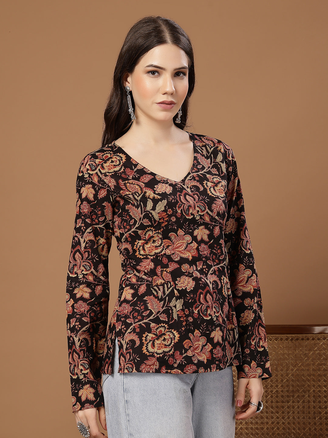 Women's Black Floral Printed Cotton Straight Top