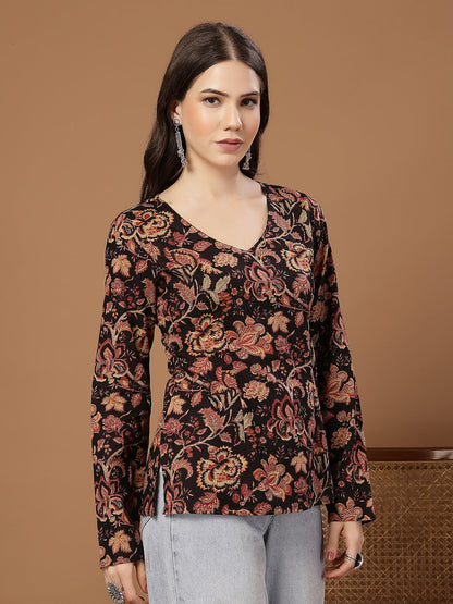 Women's Black Floral Printed Cotton Straight Top